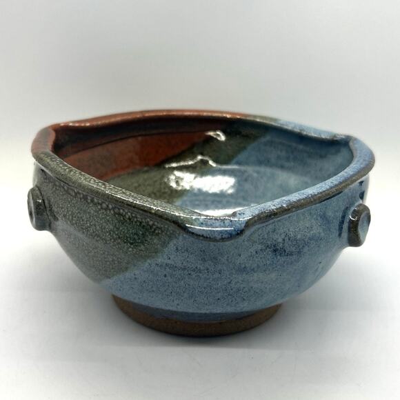 Studio Art Pottery Signed Randi Lile 3 Toned Drip Glaze Blue Brown Rust Dish - Picture 1 of 11